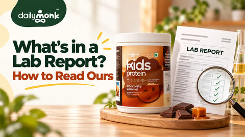 DailyMonk Kids Protein tub next to a lab report and magnifying glass
