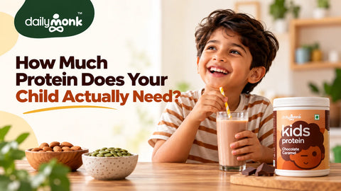 Smiling child drinking DailyMonk Kids Protein Chocolate Caramel shake