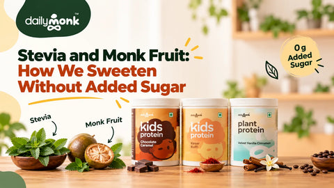 DailyMonk Kids and Plant Protein tubs with stevia leaves and monk fruit